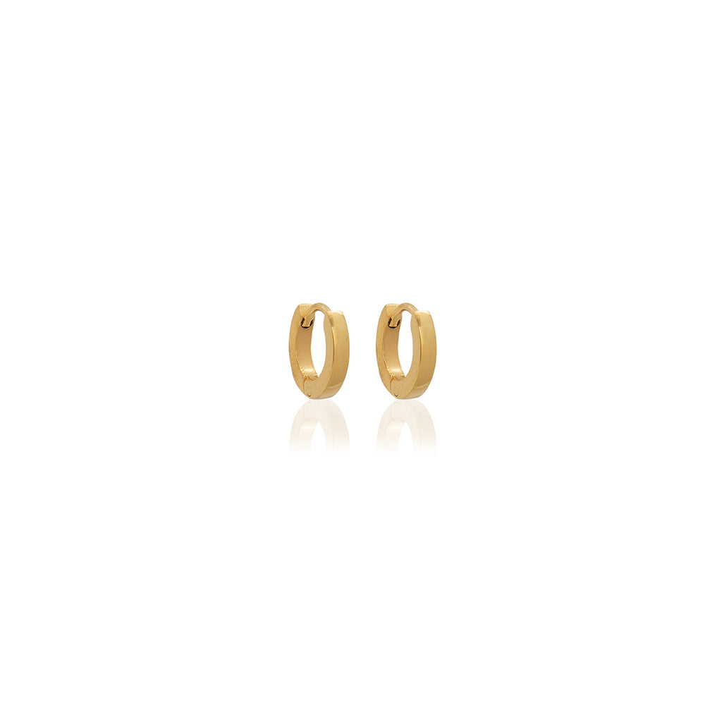 A pair of gold-colored hoop earrings with a simple design on a white background.
