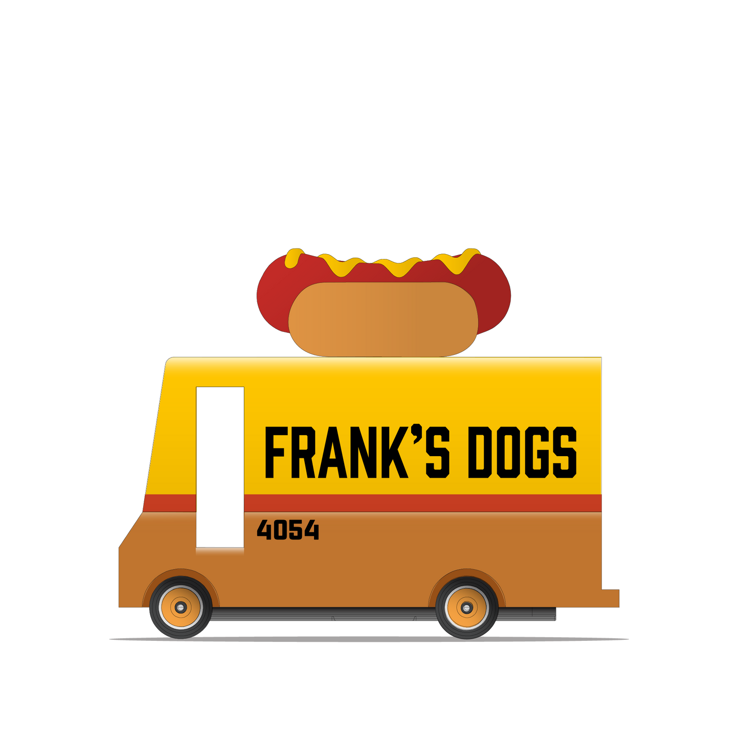 A toy representation of a hotdog van with a mustard-yellow top and a perfectly toasted base, labeled 'FRANK'S DOGS'.