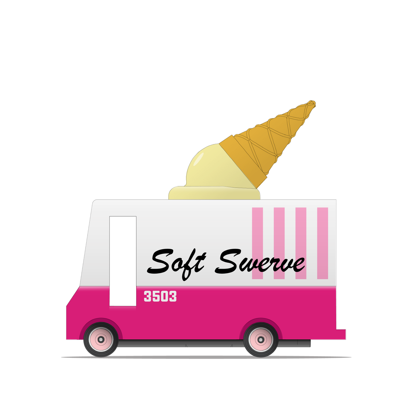 A toy ice cream van with a pink base and white top, with the name 'Soft Swerve' and the number '3503' written on its side. The van is equipped with an ice cream cone on its roof.