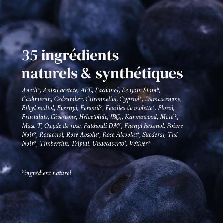 An image of the list of the 35 ingredients that are used to create this perfume, written in French, against the backdrop of an image of blueberries.