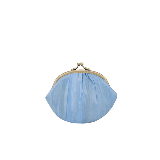 Light blue eel skin  pouch with a gold clasp on a white background