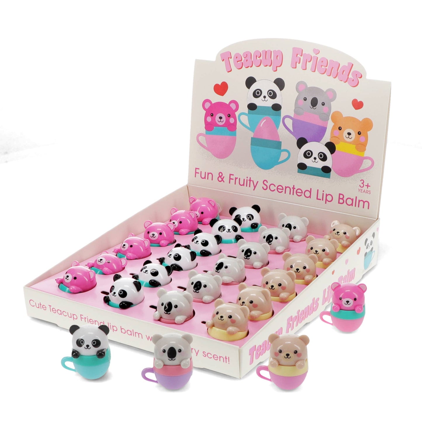 Display box of Teacup Friends lip balms with cartoon animal designs on a white background.