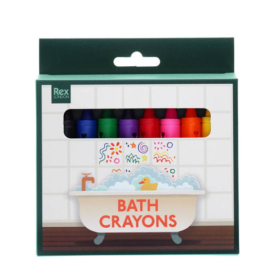 Packaging of Rex London bath crayons with colorful crayons inside, featuring a bathtub and rubber duck illustration.