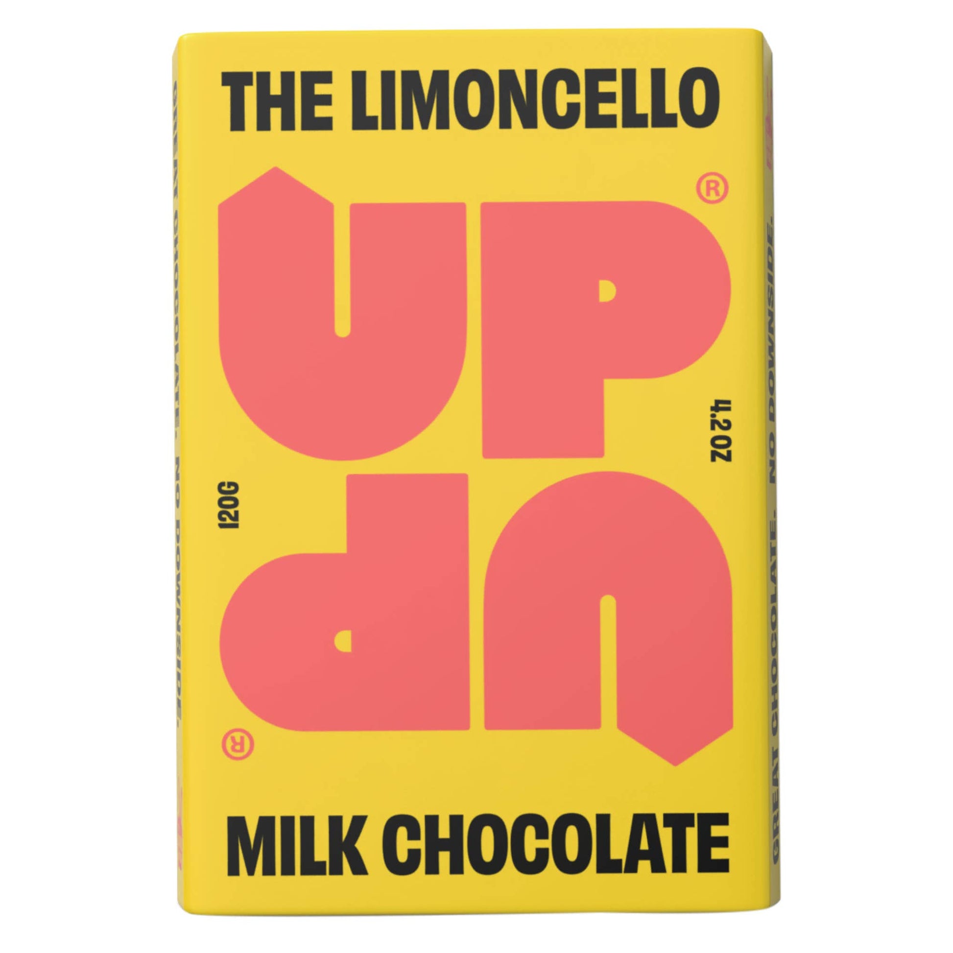 Yellow chocolate bar packaging with pink text and black text on a white background