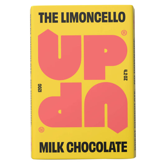 Yellow chocolate bar packaging with pink text and black text on a white background