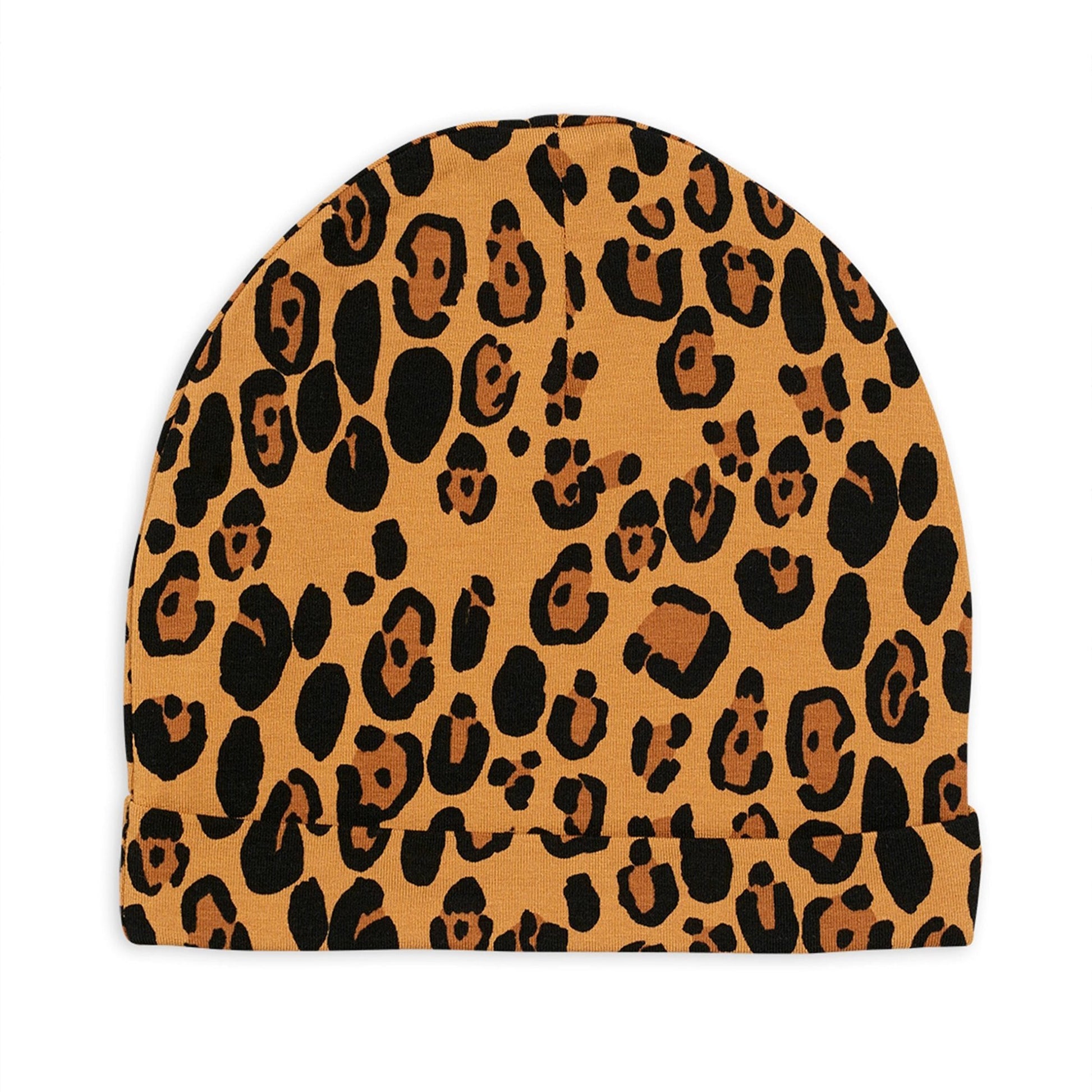 Mini Rodini Leopard Print Beanie Hat in soft TENCEL™ Lyocell fabric, featuring a fold-up design, all-over leopard print, shown from the reverse