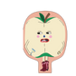 Cartoon apple character with a sad expression on a white background
