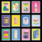 Grid of colourful product packaging illustrations on a black background
