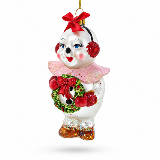 Snow Woman With Wreath Glass Christmas Ornament