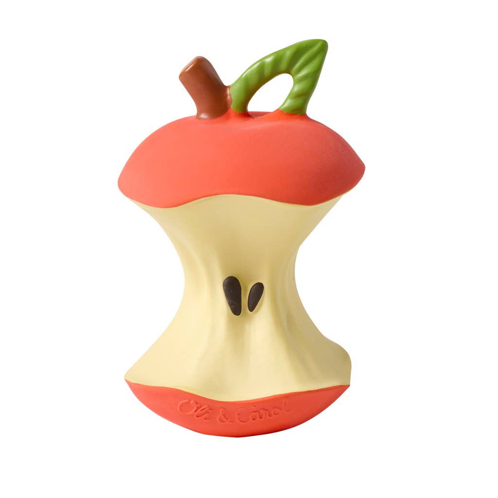 Toy shaped like a red apple with a green leaf on a white background