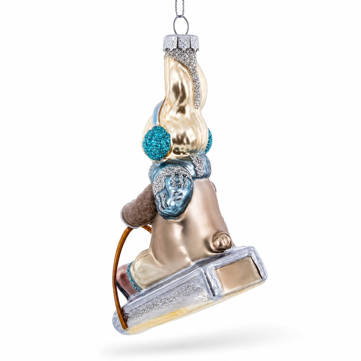 Sledding Bunny Glass Christmas Ornament