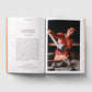 Open book with text and a photograph of a person in a sauna on a white background