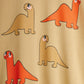 Four cartoon dinosaurs in orange and brown on a beige background