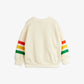 Beige sweatshirt with colorful stripes on sleeves against a white background