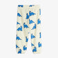 Cream-colored pants with blue dinosaur pattern on a white background