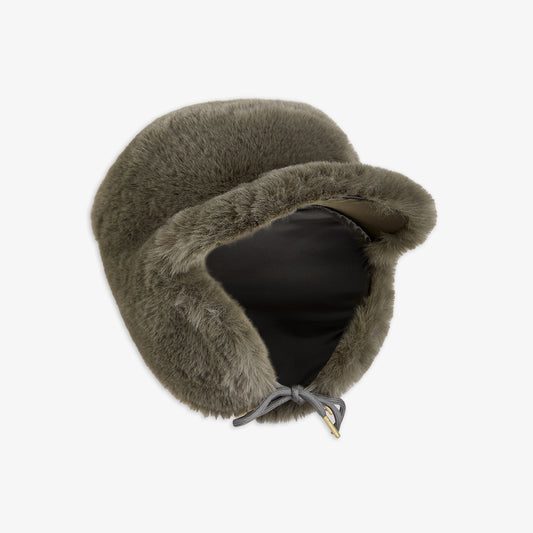 Gray fur hat with a black interior on a white background