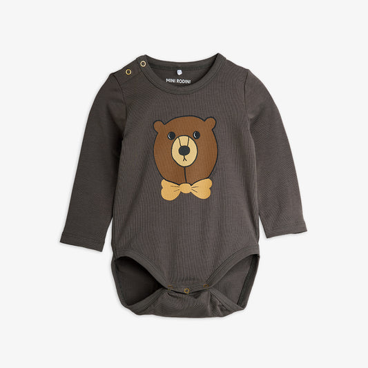 Brown baby bodysuit with bear design on a white background