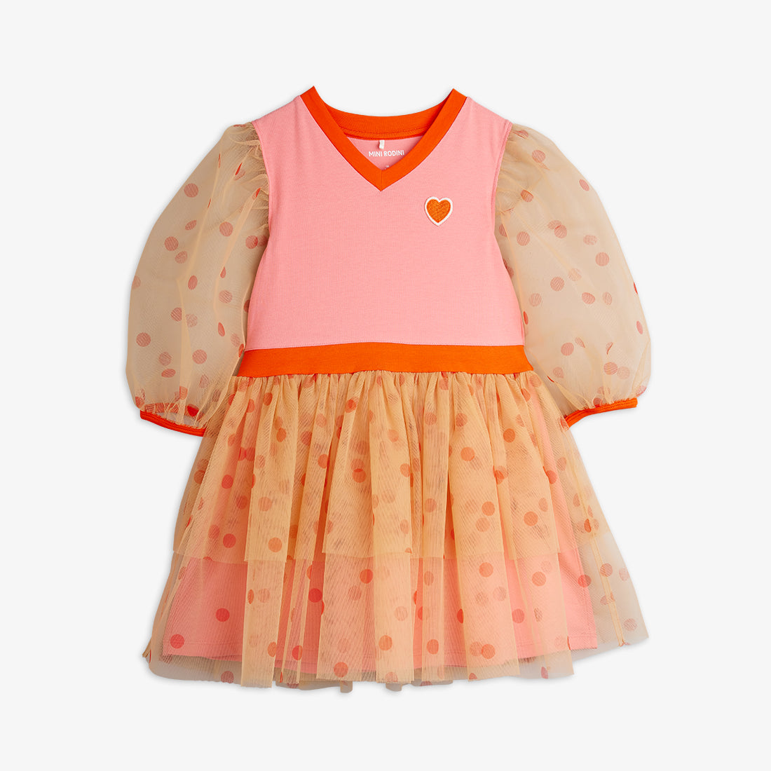 Pink and orange dress with sheer sleeves on a white background