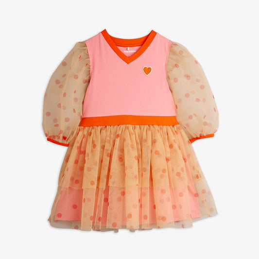 Pink and orange dress with sheer sleeves on a white background