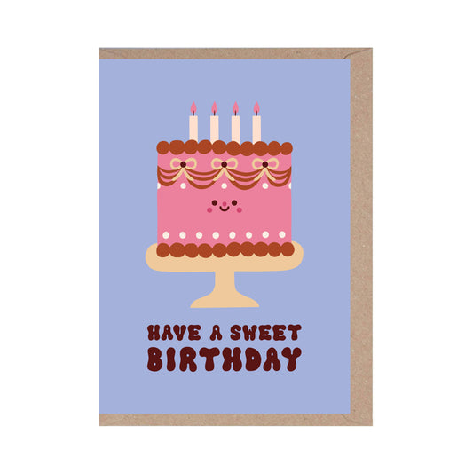 Greeting card with a illustration of a pink birthday cake with candles and the text 'HAVE A SWEET BIRTHDAY' on a blue background.