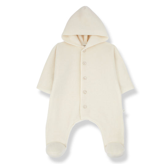 on a white backdrop, a white fleece fluffy baby one piece. with long sleeve and full length lags with covered feet. it is buttoned all the way to the crotch with 5 buttons and has an attached hood