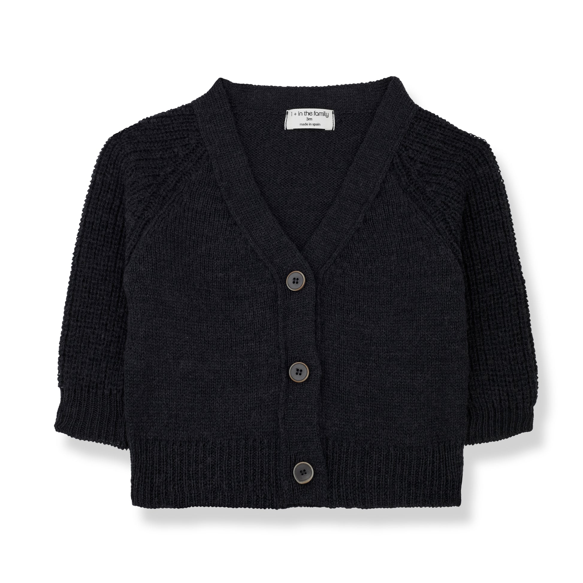 a baby charcoal grey cardigan with a  v neck and 3 buttons down the from all knitted with long sleeves