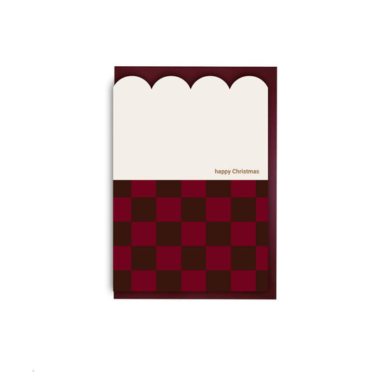 Scallop Die Cut Claret Checkerboard Happy Christmas Greeting Card