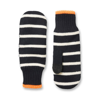 Pair of black and white striped mittens with orange cuffs on a white background