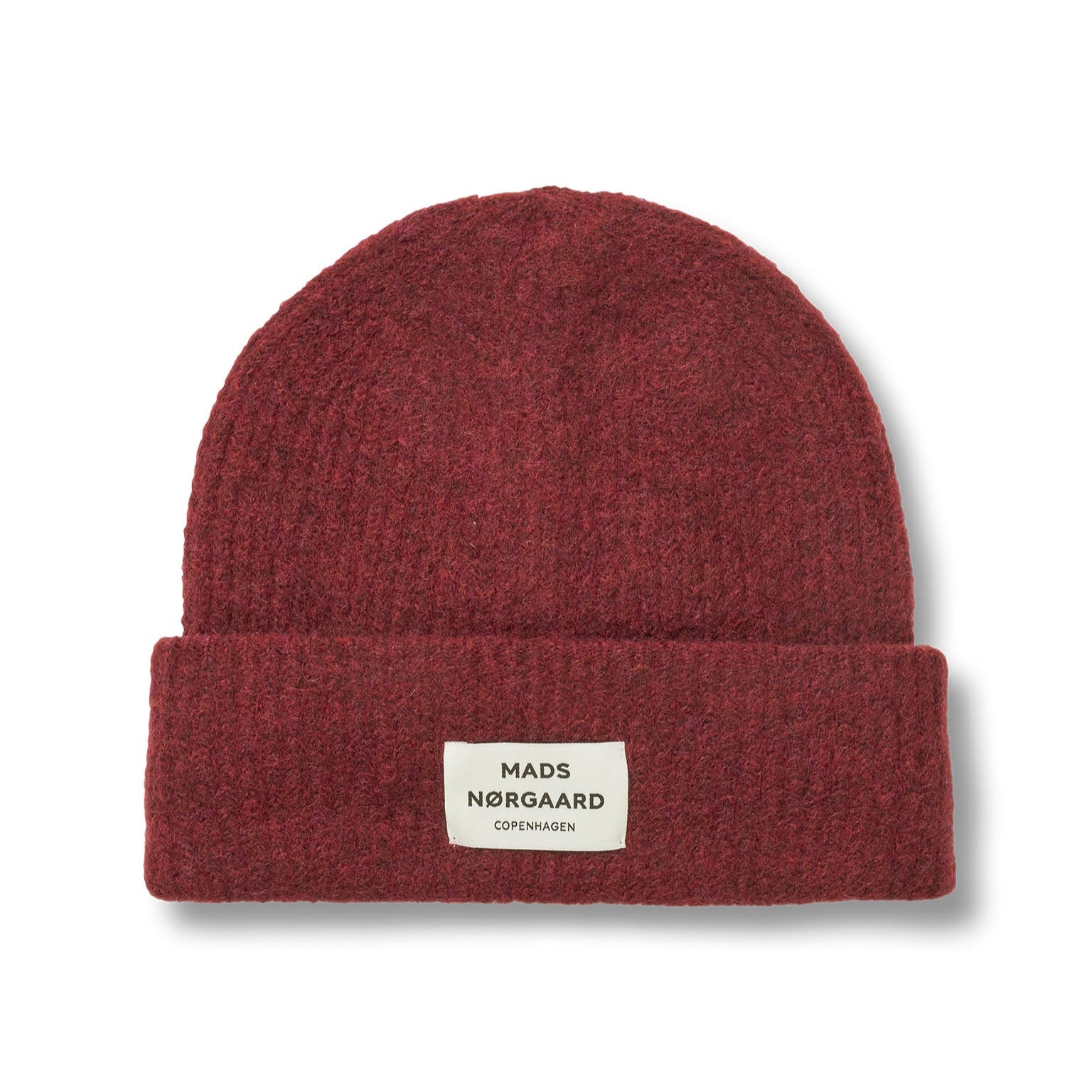Red beanie with a brand label on a white background