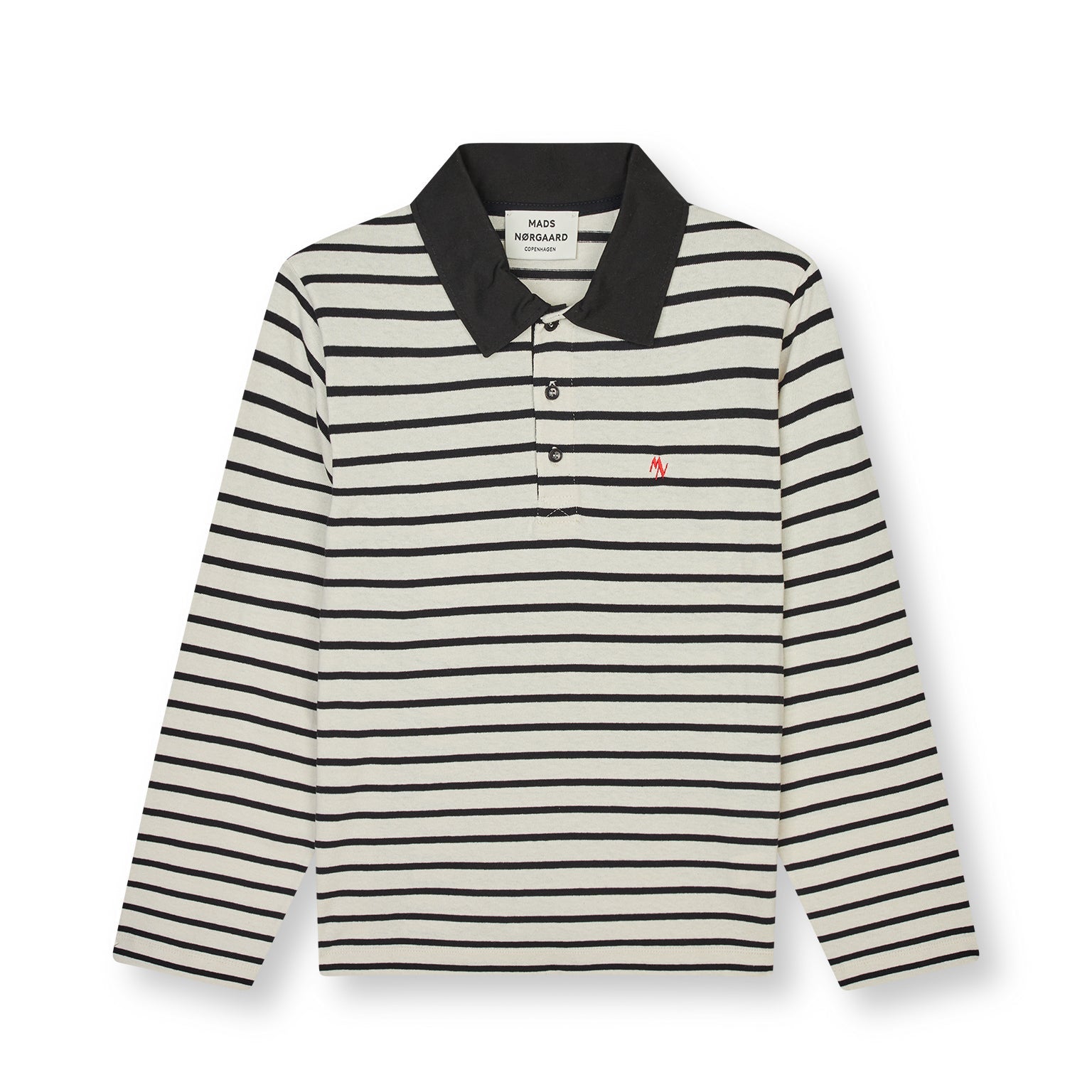 Striped long-sleeve polo shirt with a small logo on a white background
