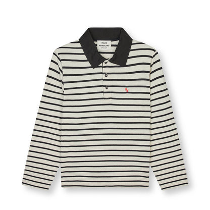 Striped long-sleeve polo shirt with a small logo on a white background