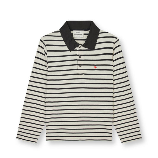 Striped long-sleeve polo shirt with a small logo on a white background