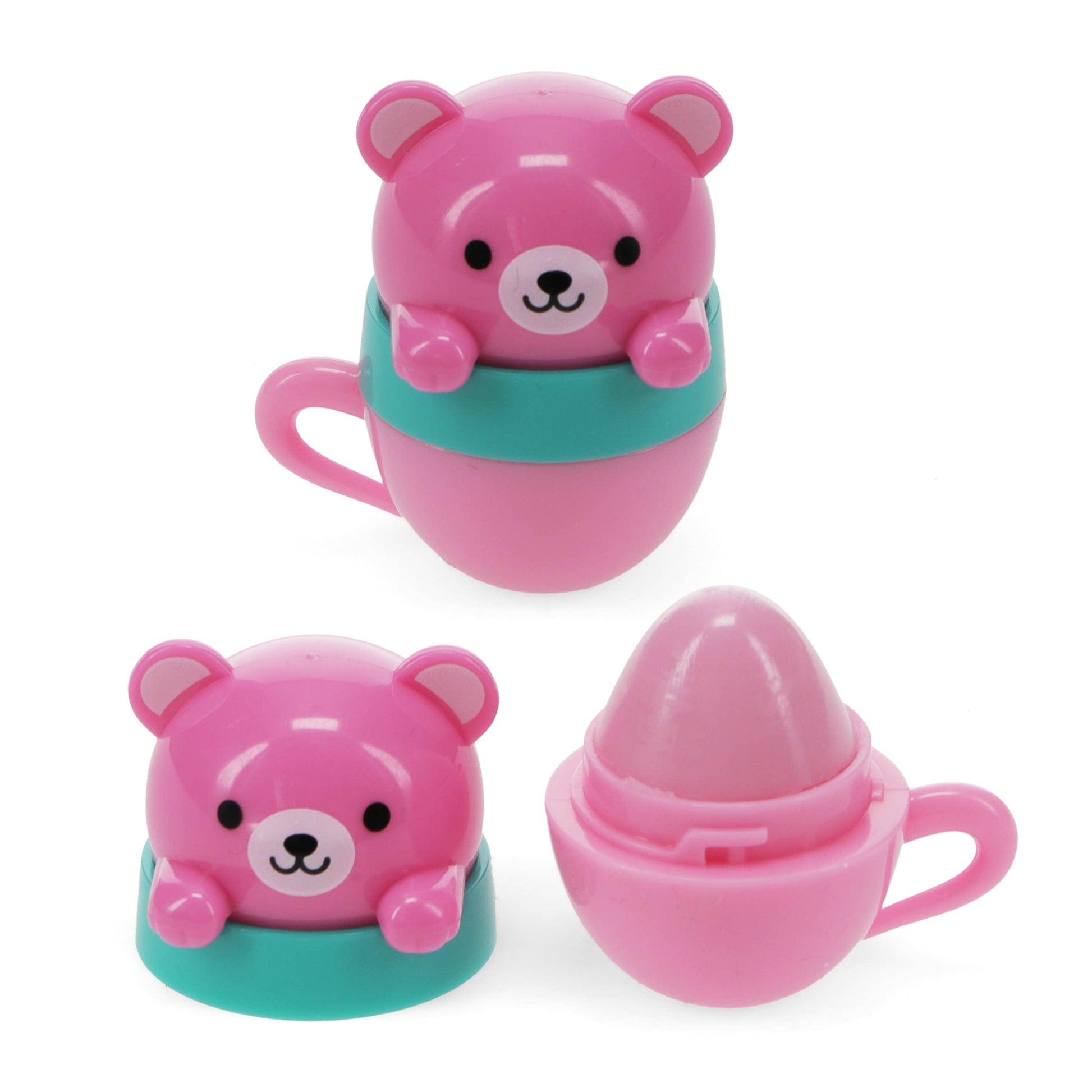 Pink bear-shaped container with a smaller bear inside on a white background