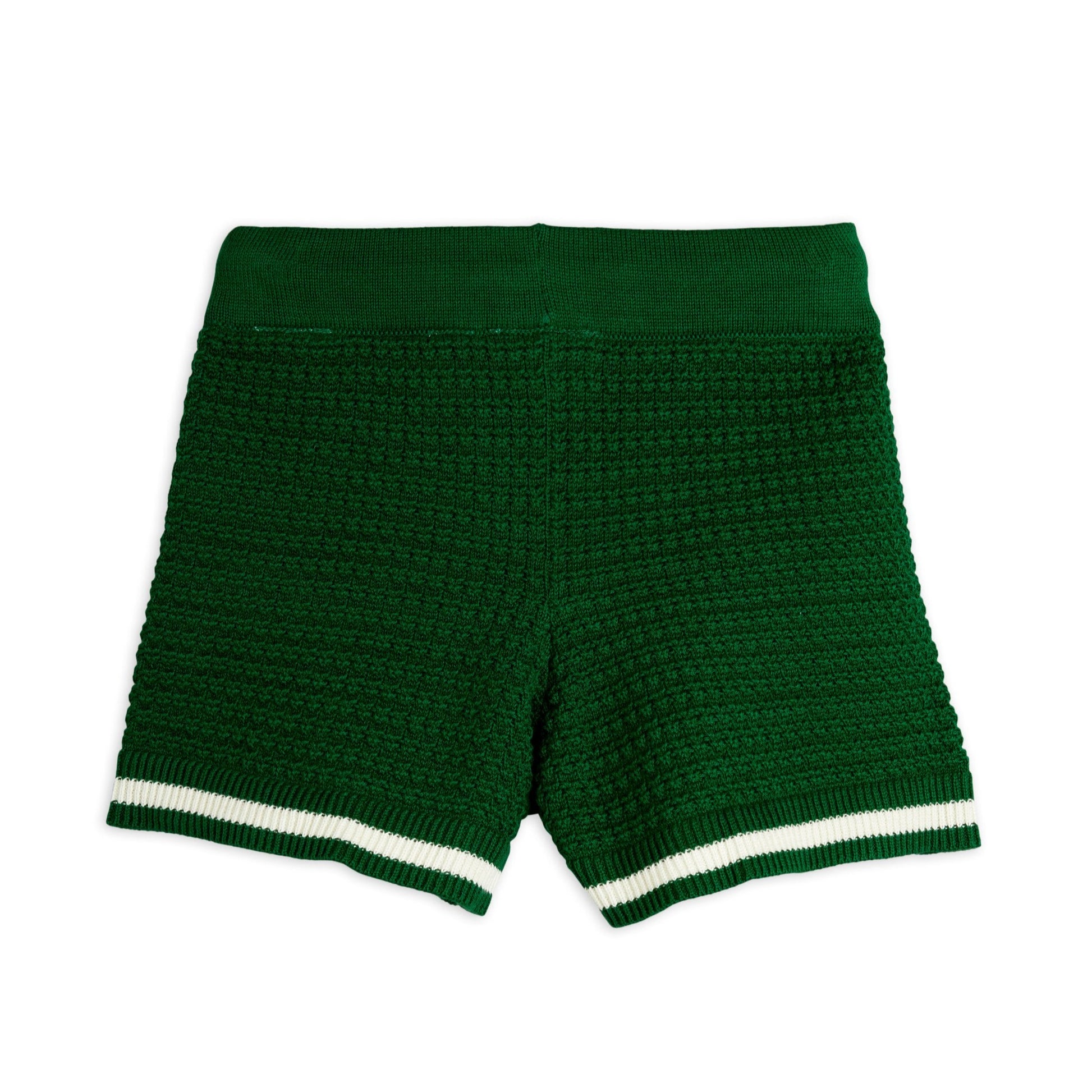 Mini Rodini green knit shorts with a textured finish, featuring a ribbed waistband and contrasting white stripe detailing on the hem for a sporty touch.