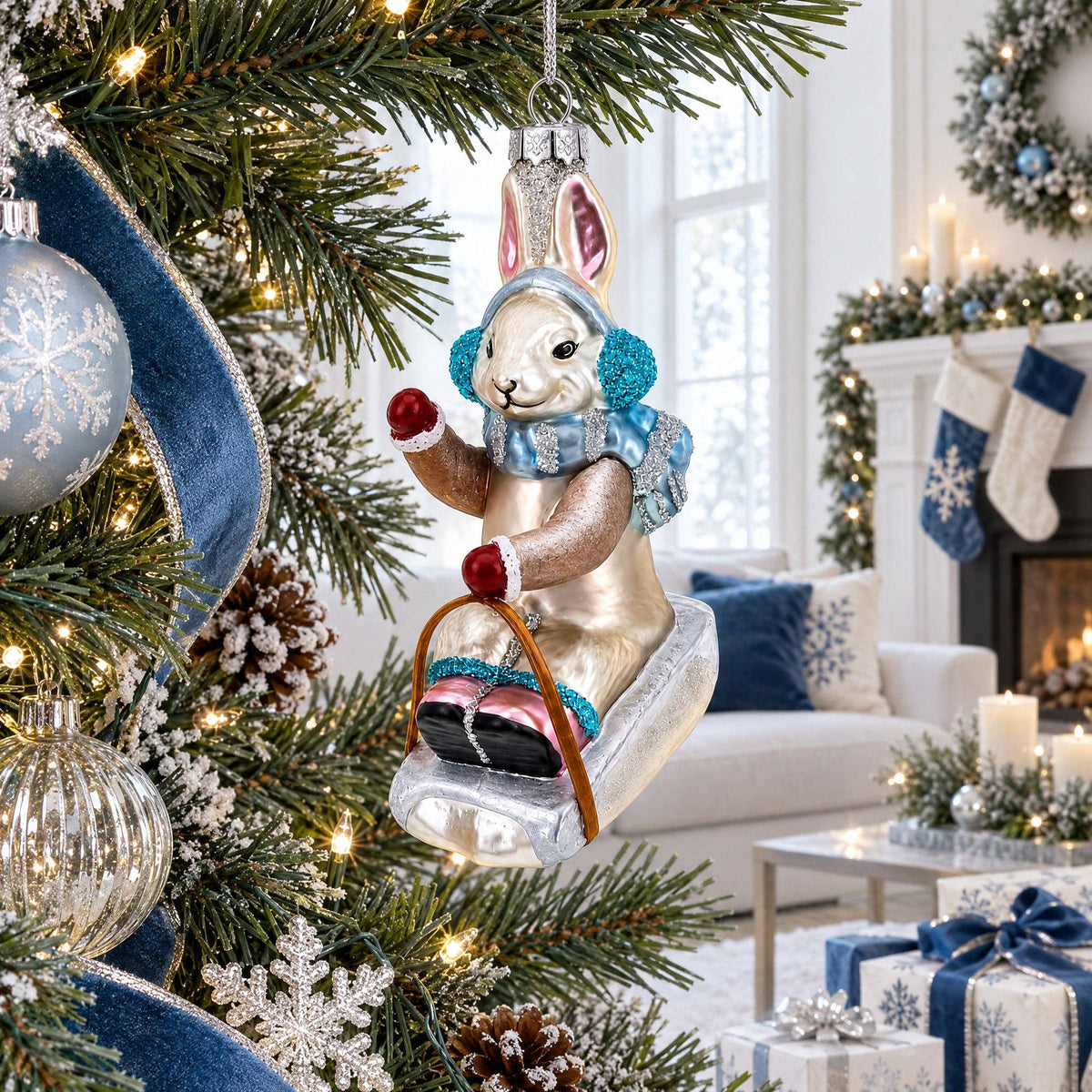 Sledding Bunny Glass Christmas Ornament