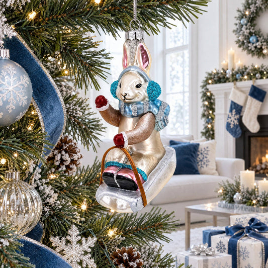 Sledding Bunny Glass Christmas Ornament