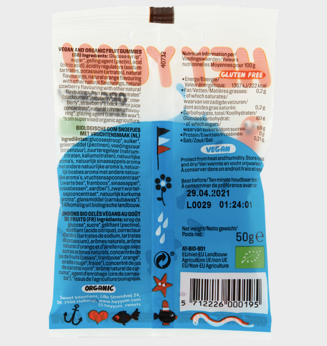 Back view of a gluten-free vegan fruit gummies package with text and symbols.