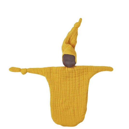 Yellow baby comfort blanket with a face on a white background