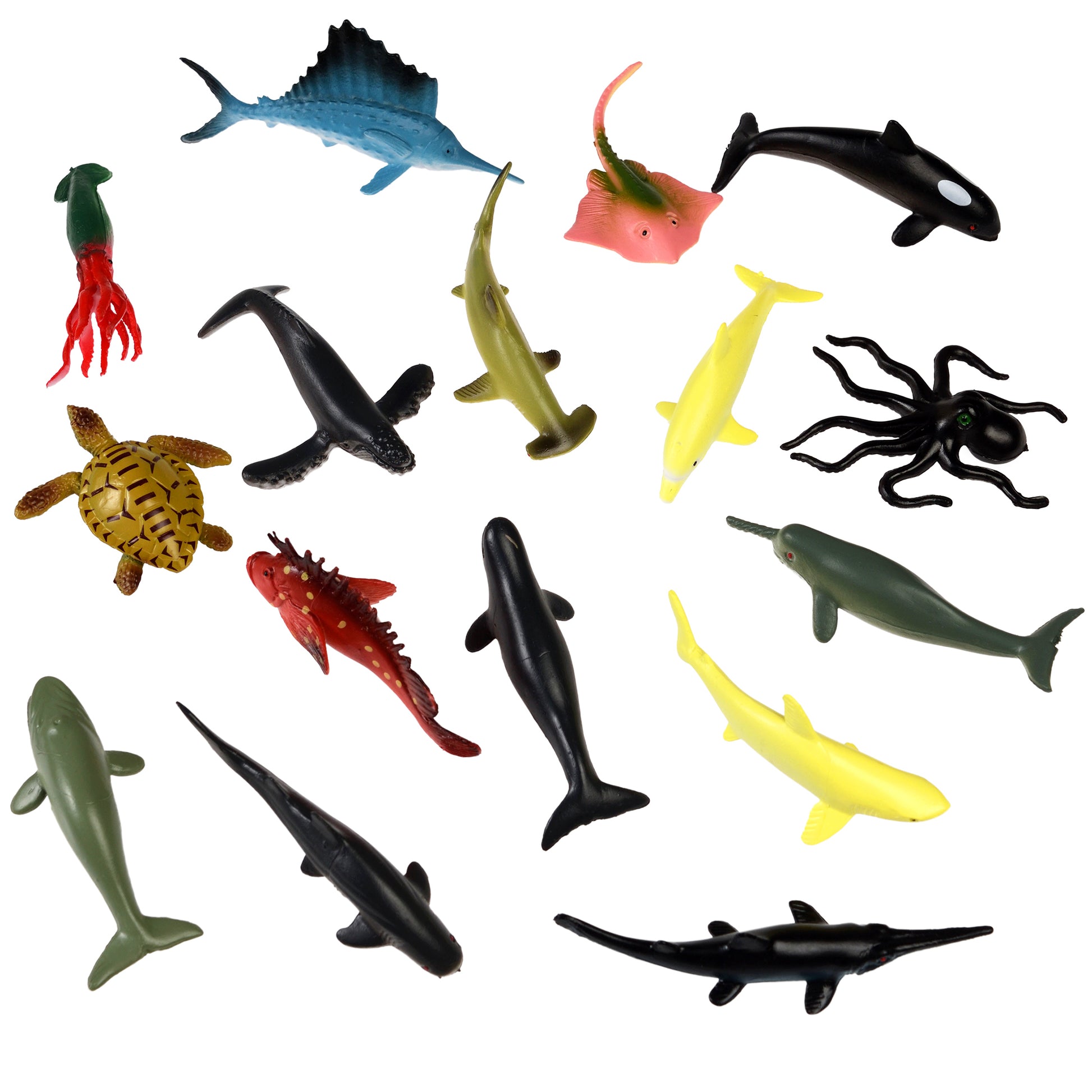 Collection of various toy sea creatures on a white background