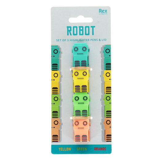 Packaging of robot-shaped highlighter pens with 'Rex' branding on a white background