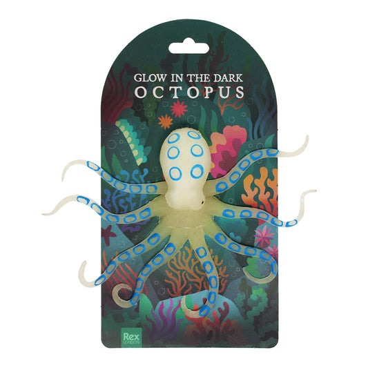 Glow in the dark octopus toy with colorful packaging on a white background
