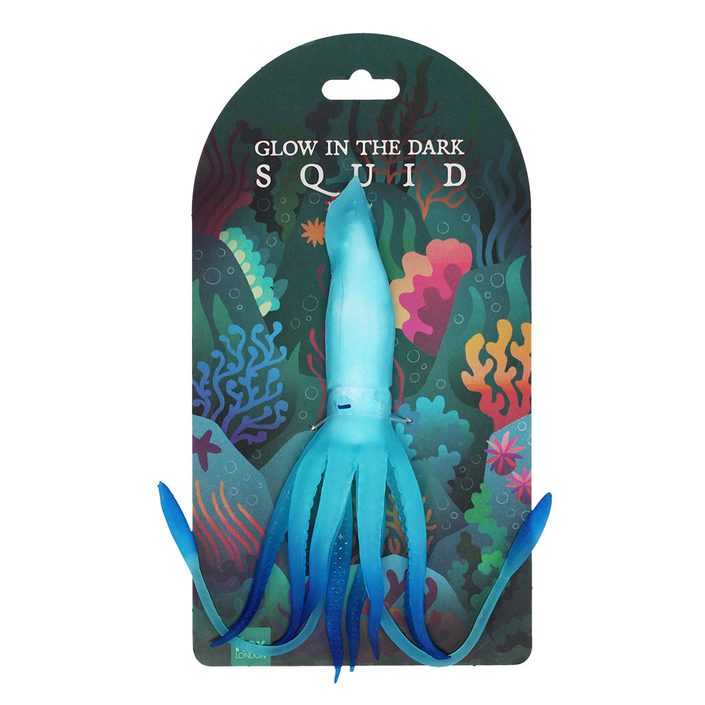 Glow in the dark squid toy with colorful underwater-themed packaging