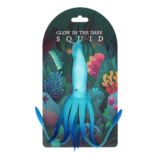Glow in the dark squid toy with colorful underwater-themed packaging