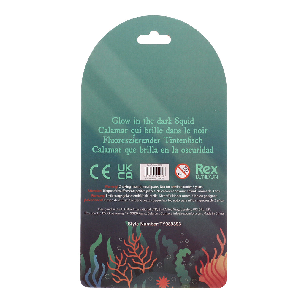 Glow-in-the-dark squid packaging with Rex London branding on a white background