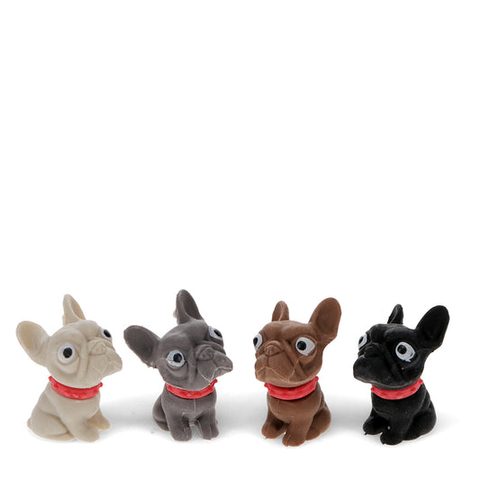 Four plush toy dogs in different colors on a white background