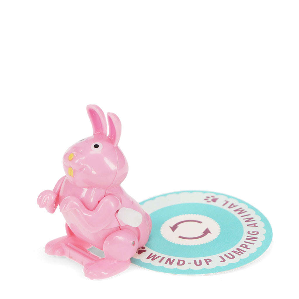 Pink rabbit wind-up toy with a circular label on a white background