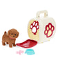 Toy dog with a carrier and accessories on a white background