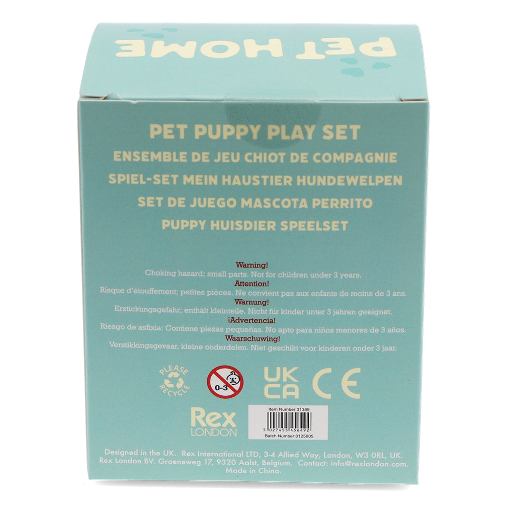 Box of Pet Puppy Play Set with multiple language text and branding details.