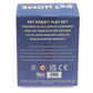 Back of a blue box for a pet rabbit play set with text and logos.