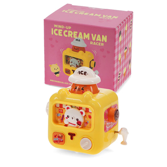 Yellow wind-up ice cream van toy with pink packaging on a white background